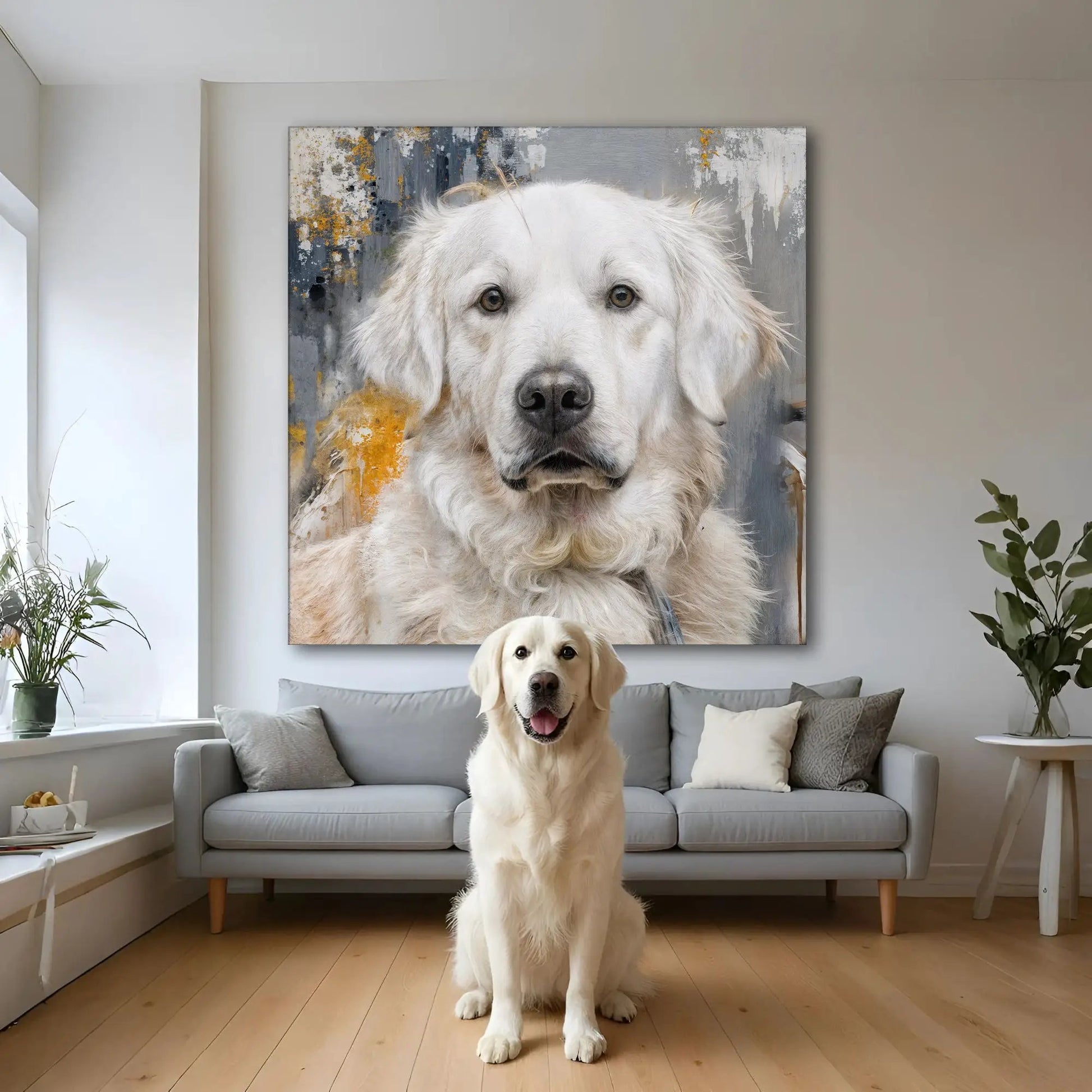 Pet Portrait Abstract Wall Art canvas featuring a white dog in a modern living room on Tampa Home & Garden Store