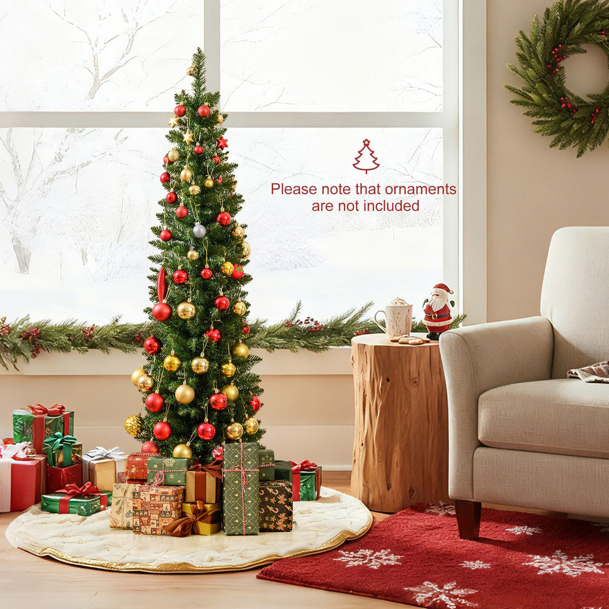 5/6/7/8/9 ft pre-lit pencil Christmas tree with warm white LEDs, red and gold ornaments on Tampa Home & Garden Store