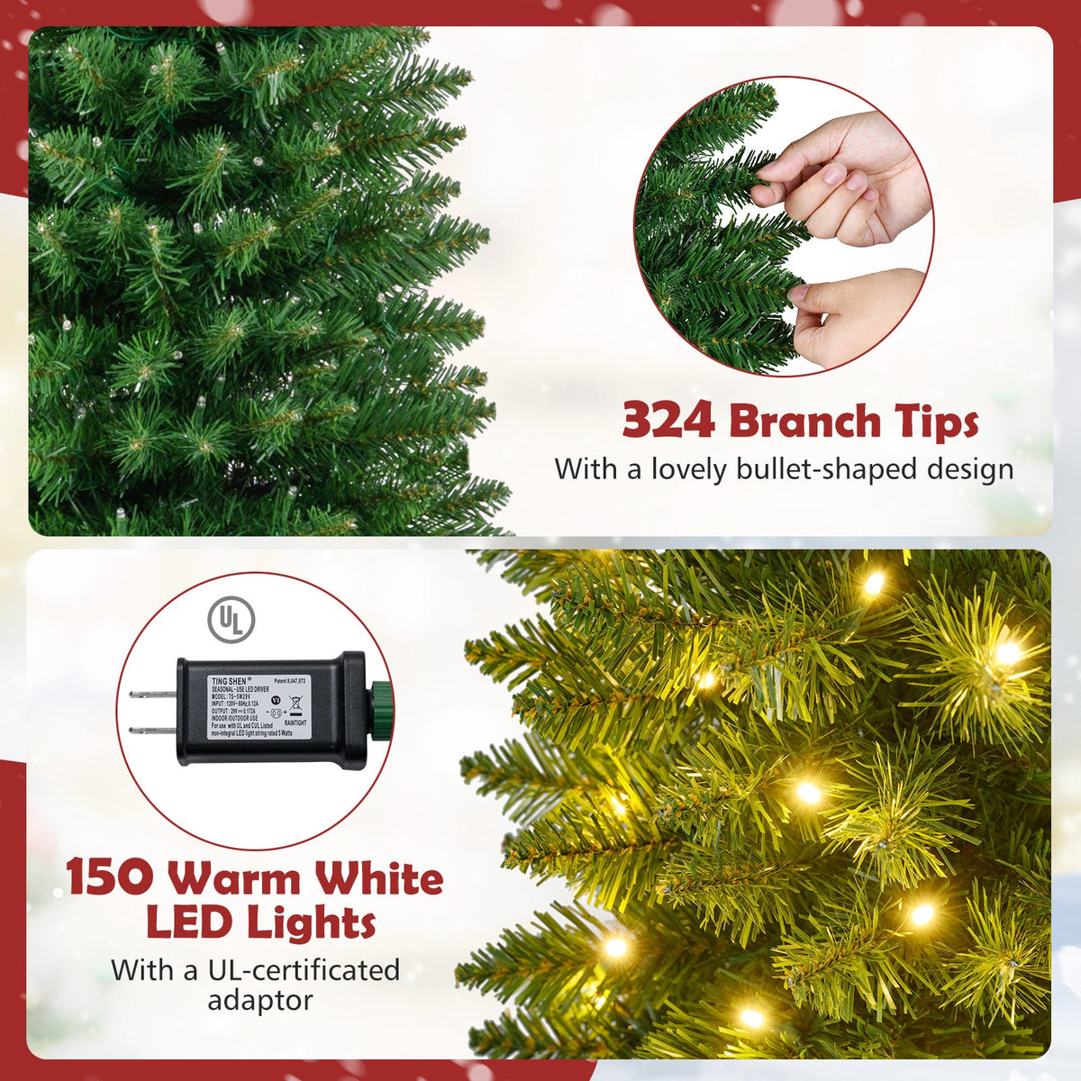 DirectDeals 5–9 ft pre-lit pencil Christmas tree with 324 branch tips and warm white LEDs UL-certified adaptor on Tampa Home & Garden Store