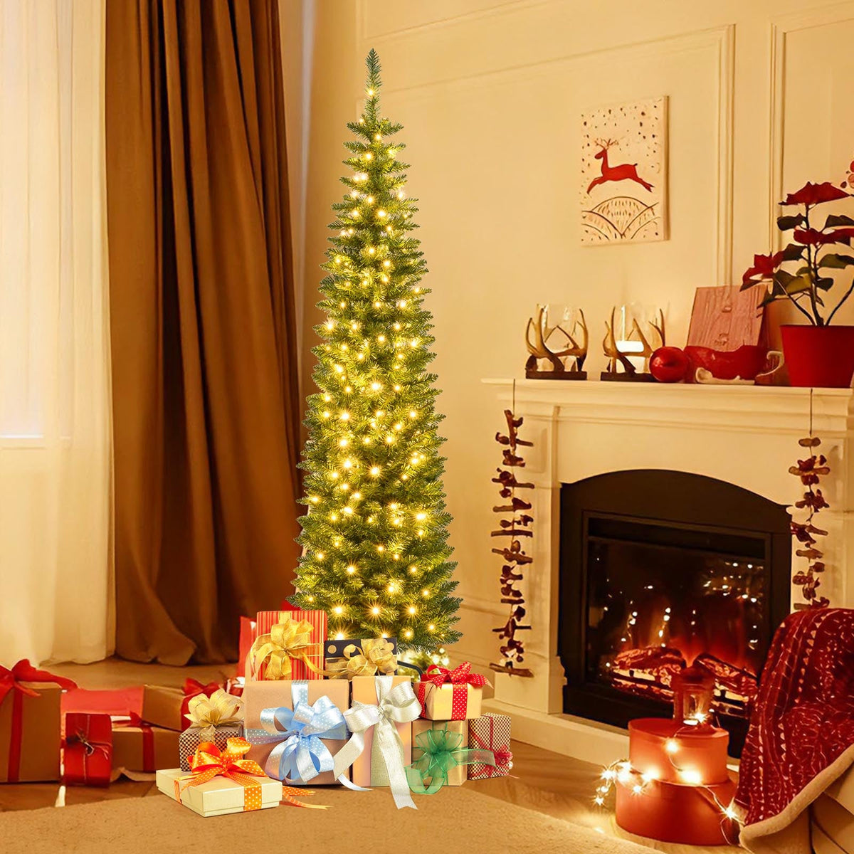 5/6/7/8/9 ft pre-lit pencil artificial Christmas tree with warm white LEDs in living room on Tampa Home & Garden Store