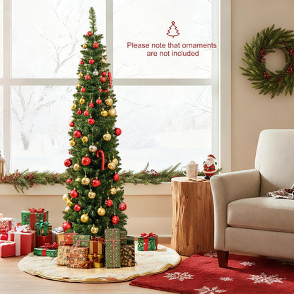 5/6/7/8/9 ft pre-lit pencil Christmas tree with warm LEDs, green with red and gold ornaments on Tampa Home & Garden Store
