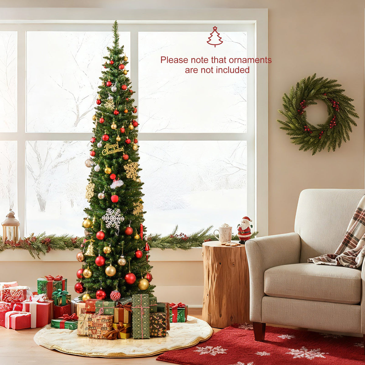 DirectDeals pencil artificial Christmas tree, pre-lit warm white LEDs, red and gold ornaments on Tampa Home & Garden Store