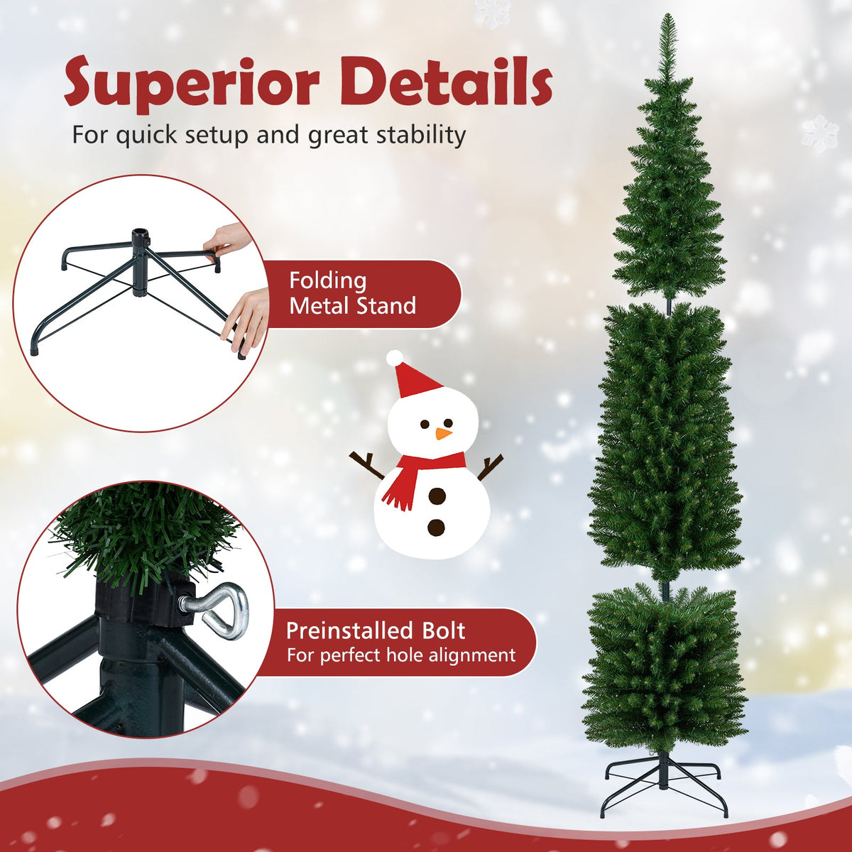 Pre-lit pencil Christmas tree by DirectDeals, 5/6/7/8/9 ft, warm white LED lights, metal stand on Tampa Home & Garden Store
