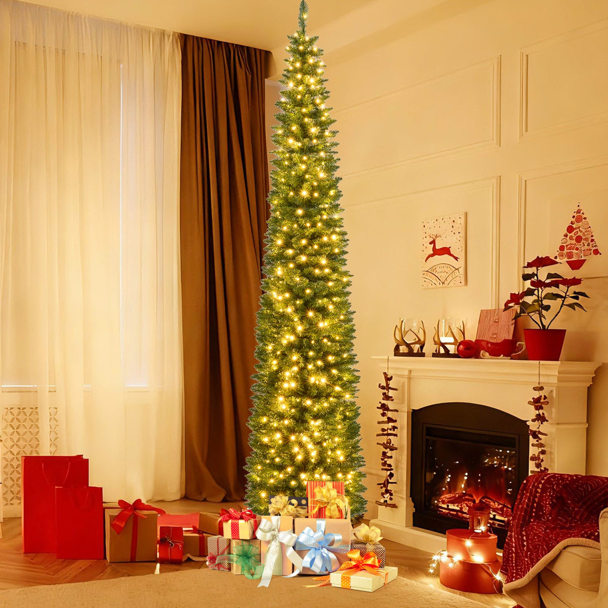 DirectDeals pre-lit pencil Christmas tree, 5 to 9 ft with warm white LEDs, in living room on Tampa Home & Garden Store