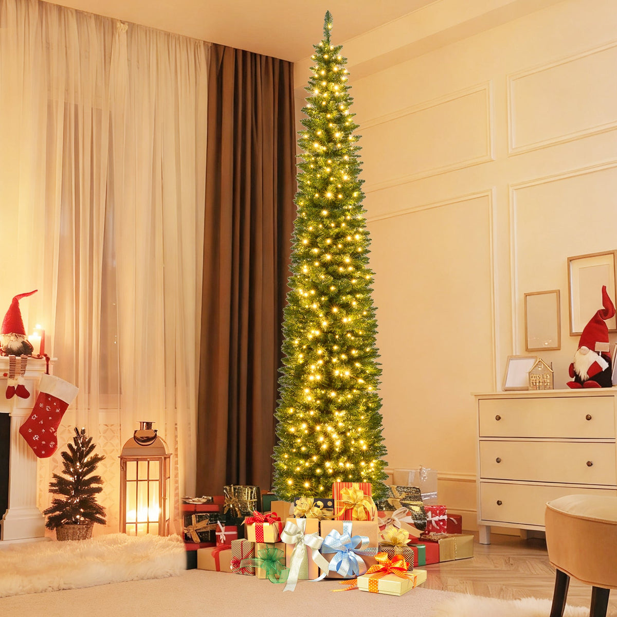 pencil artificial Christmas tree, DirectDeals, 5-9 ft, pre-lit with warm white LEDs on Tampa Home & Garden Store