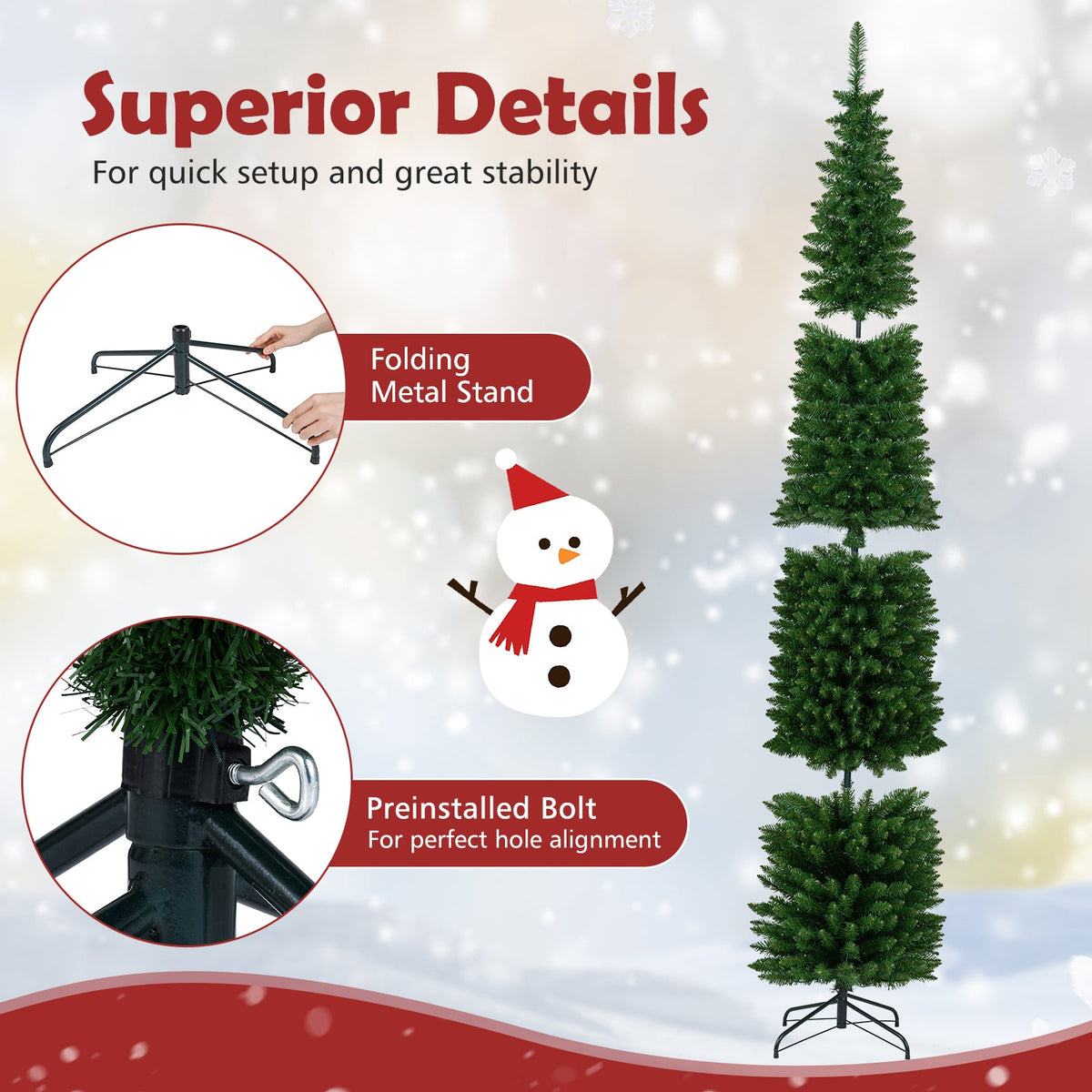 Pre-lit pencil artificial Christmas tree 5/6/7/8/9 ft with warm white LEDs and folding stand on Tampa Home & Garden Store