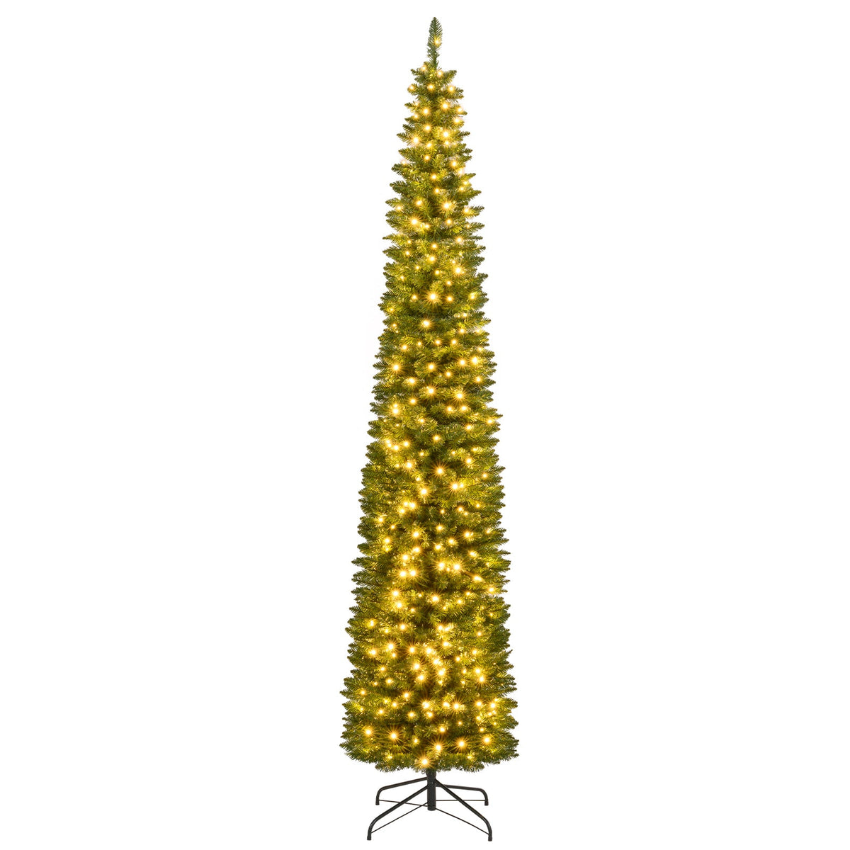 Slim pencil artificial Christmas tree, pre-lit with warm white LEDs, 5–9 ft on a metal stand on Tampa Home & Garden Store