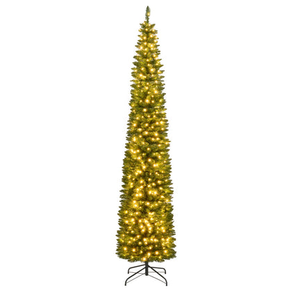 Slim pencil artificial Christmas tree, pre-lit with warm white LEDs, 5–9 ft on a metal stand on Tampa Home & Garden Store