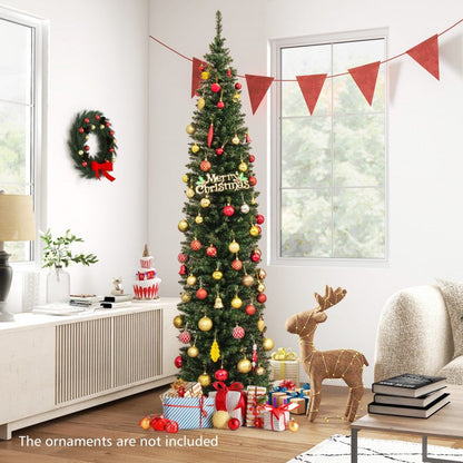 DirectDeals pencil Christmas tree 5/6/7/8/9 ft with warm white LED lights and red ornaments on Tampa Home & Garden Store