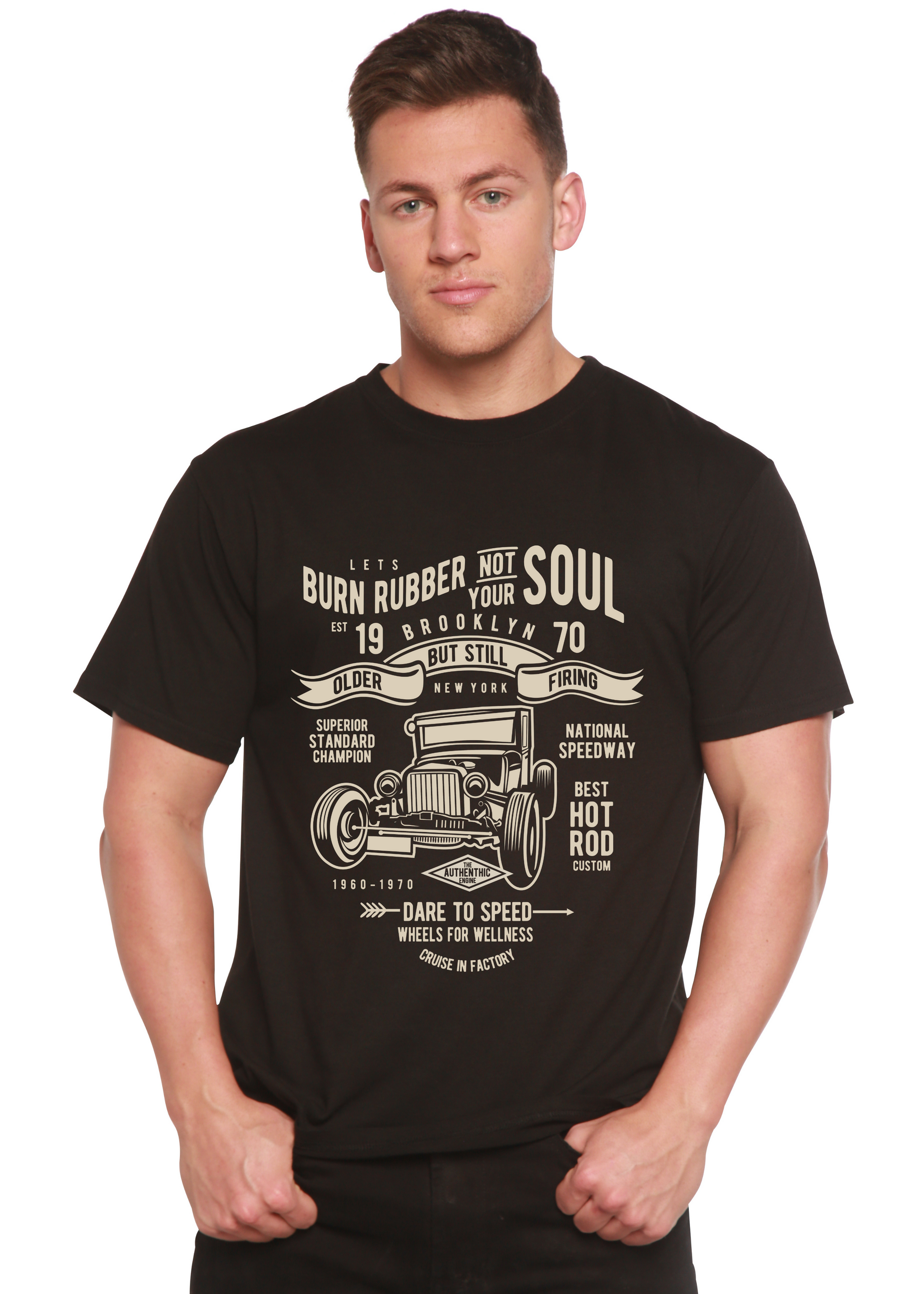 Burn Rubber men's black graphic tee with car print by Spun Bamboo on Tampa Home & Garden Store