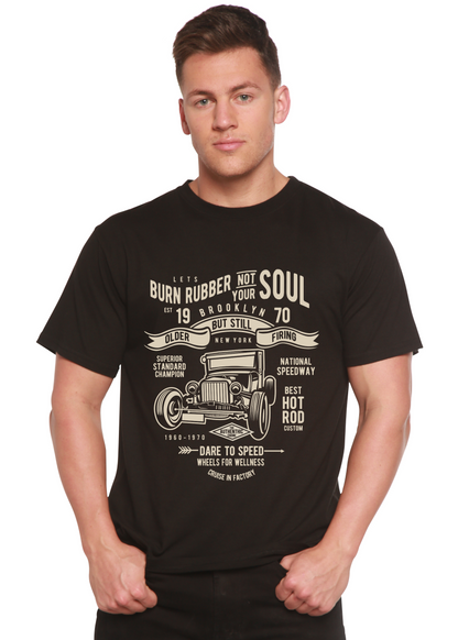 Burn Rubber men's black graphic tee with car print by Spun Bamboo on Tampa Home & Garden Store