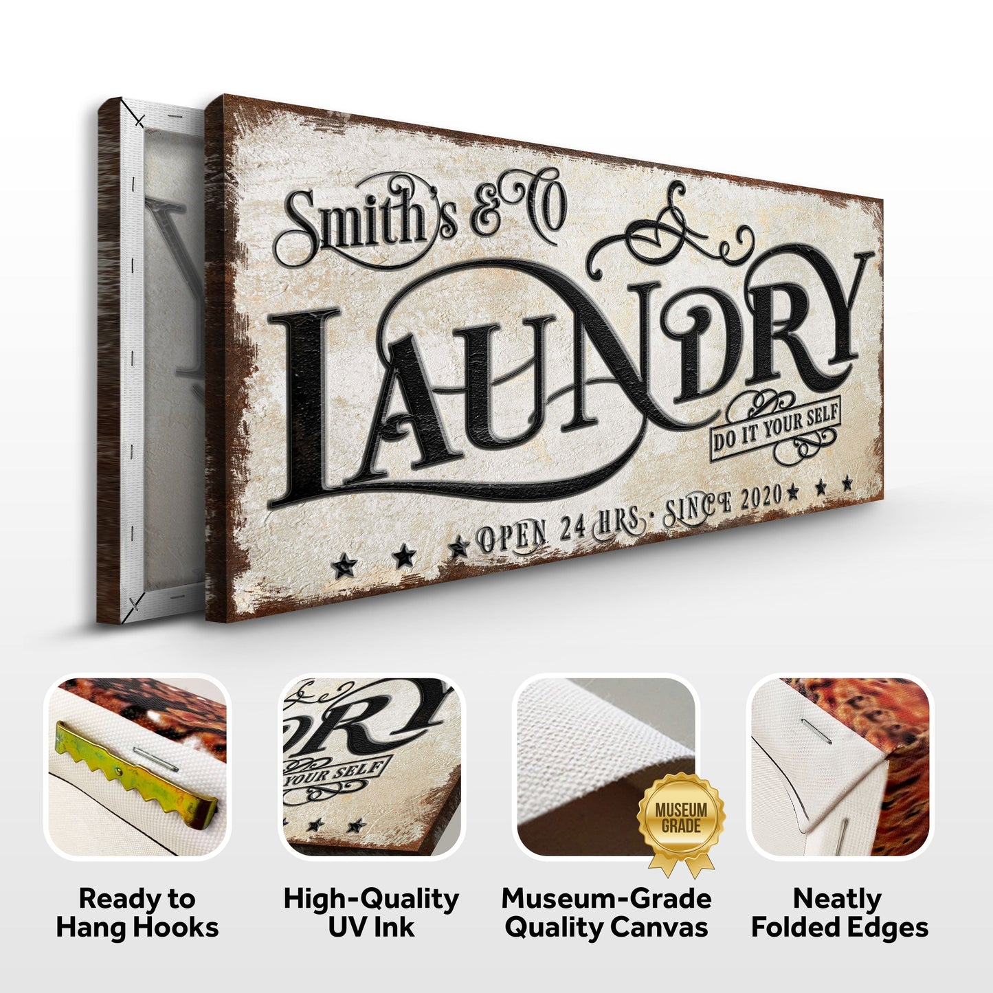 Canvas Laundry Room Sign VI by Tailored Canvases with beige backdrop and ornate black typography on Tampa Home & Garden Store