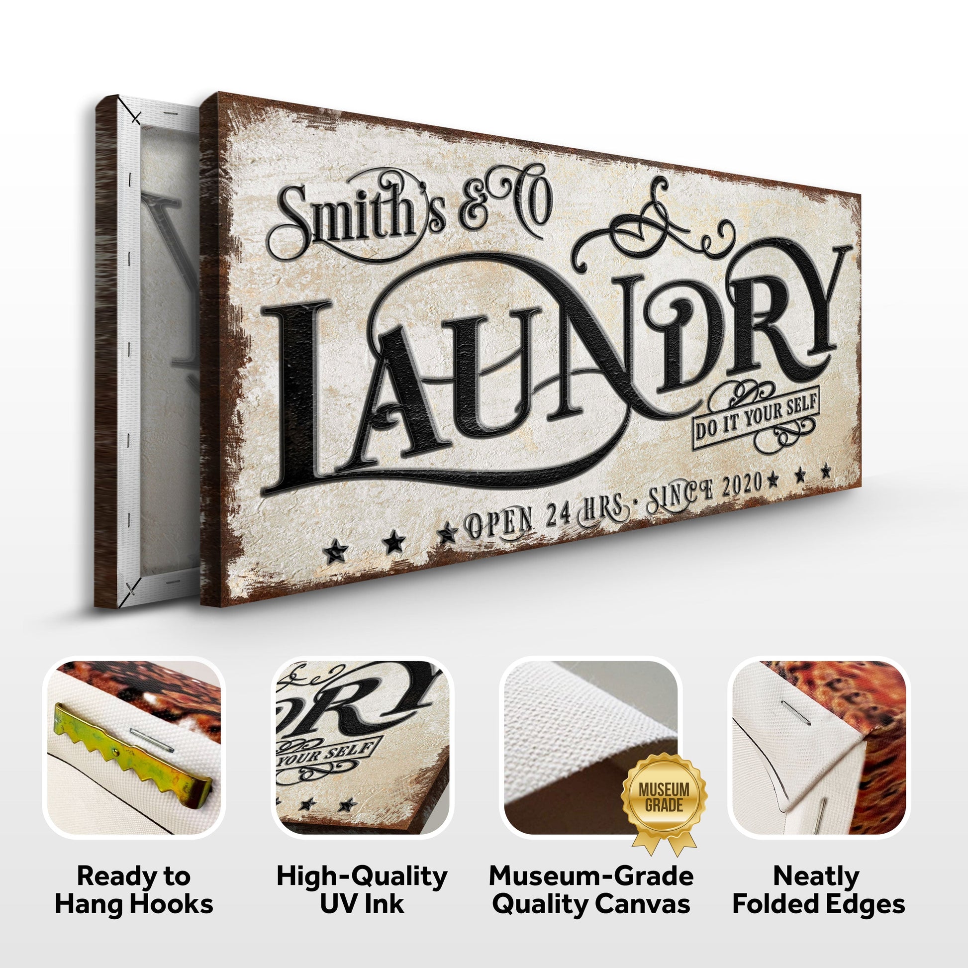 Canvas Laundry Room Sign VI by Tailored Canvases with beige backdrop and ornate black typography on Tampa Home & Garden Store