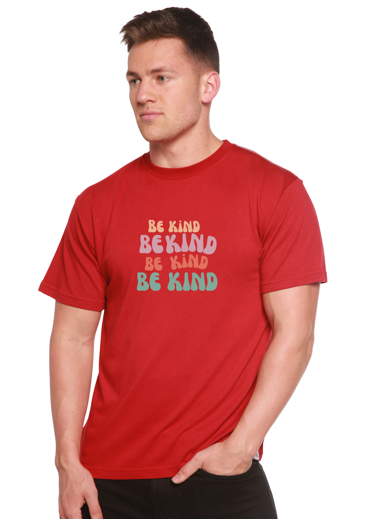 Be Kind men's bamboo viscose/organic cotton red tee with multicolor BE KIND print by Spun Bamboo on Tampa Home & Garden Store