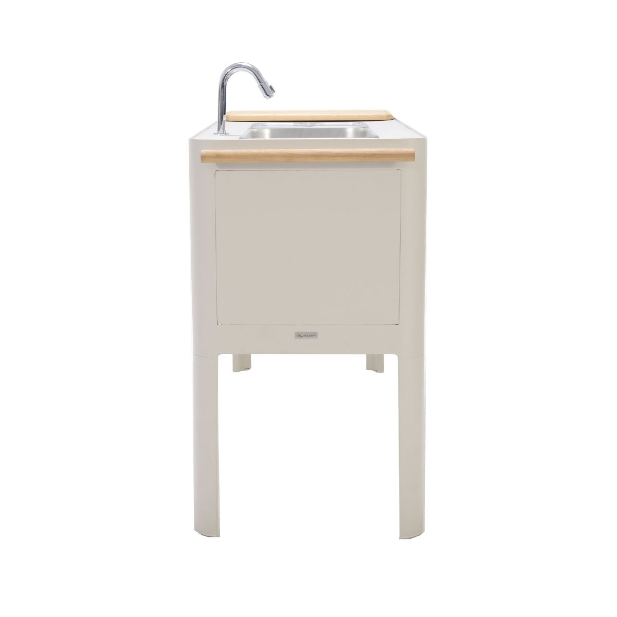Portals Light outdoor kitchen unit with sink, cream finish, wooden top rails, LifestyleGarden US on Tampa Home & Garden Store