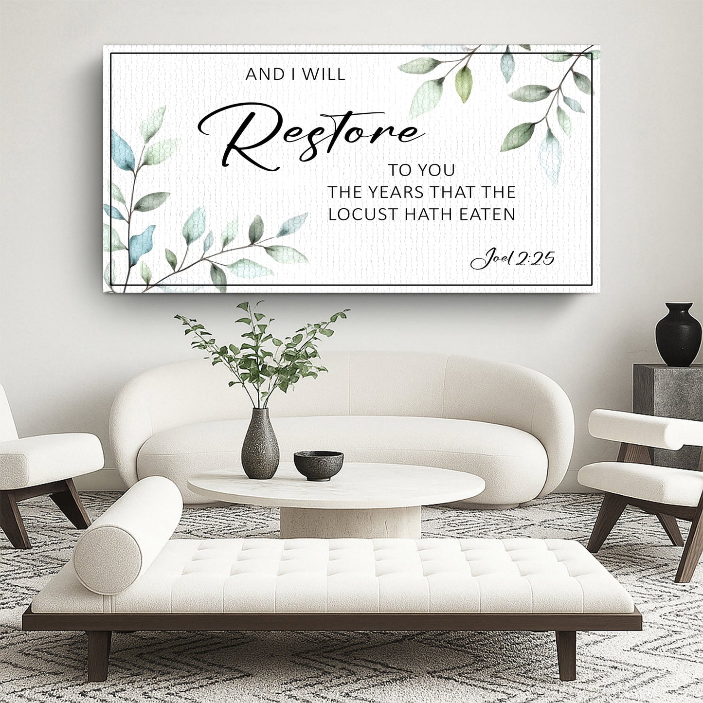 Canvas faith sign And I Will Restore To You Joel 2:25 with leaves on white backdrop on Tampa Home & Garden Store