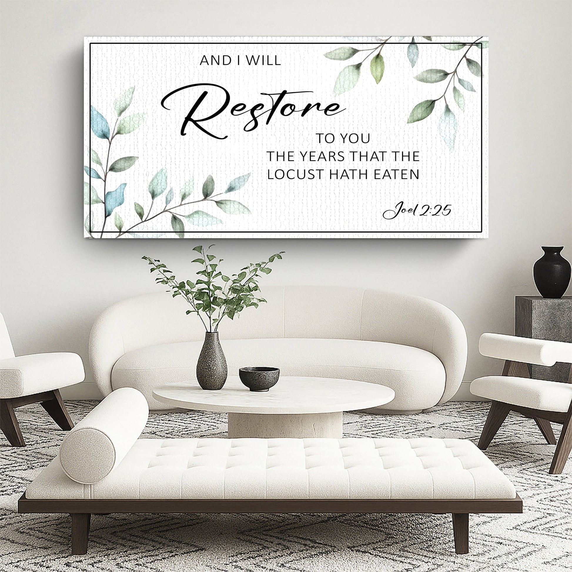 Canvas faith sign And I Will Restore To You Joel 2:25 with leaves on white backdrop on Tampa Home & Garden Store
