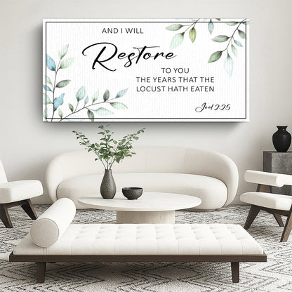 Canvas faith sign And I Will Restore To You Joel 2:25 with leaves on white backdrop on Tampa Home & Garden Store