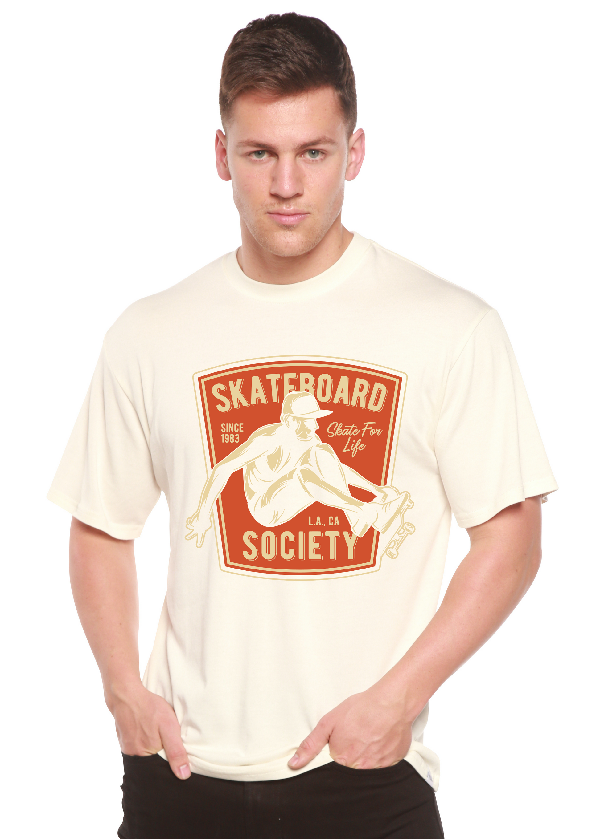Skateboard Society men's bamboo viscose cotton short sleeve graphic tee cream with orange badge on Tampa Home & Garden Store