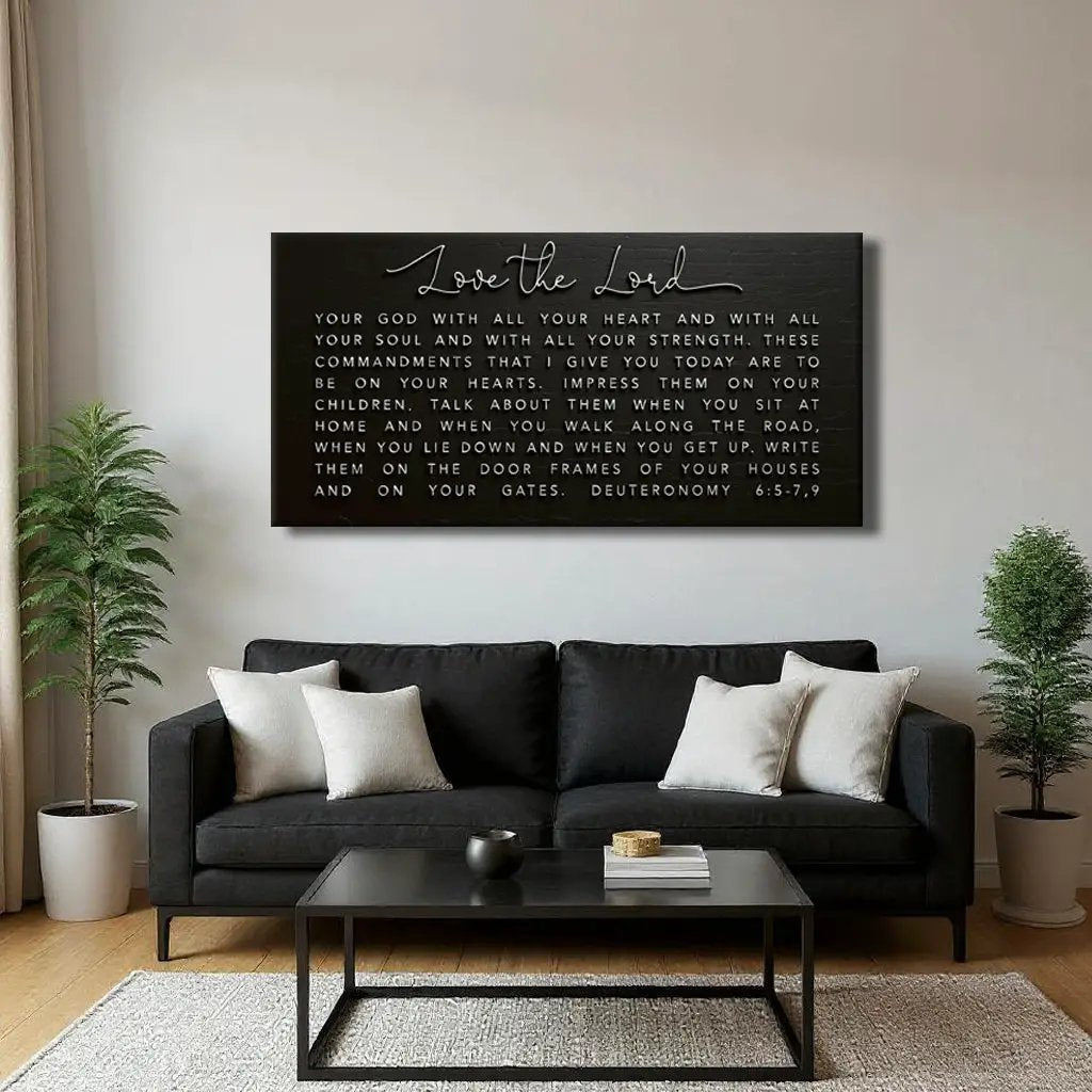 Canvas faith sign Love The Lord Your God Deuteronomy 6:5-9 in a black plaque, Tailored Canvases on Tampa Home & Garden Store