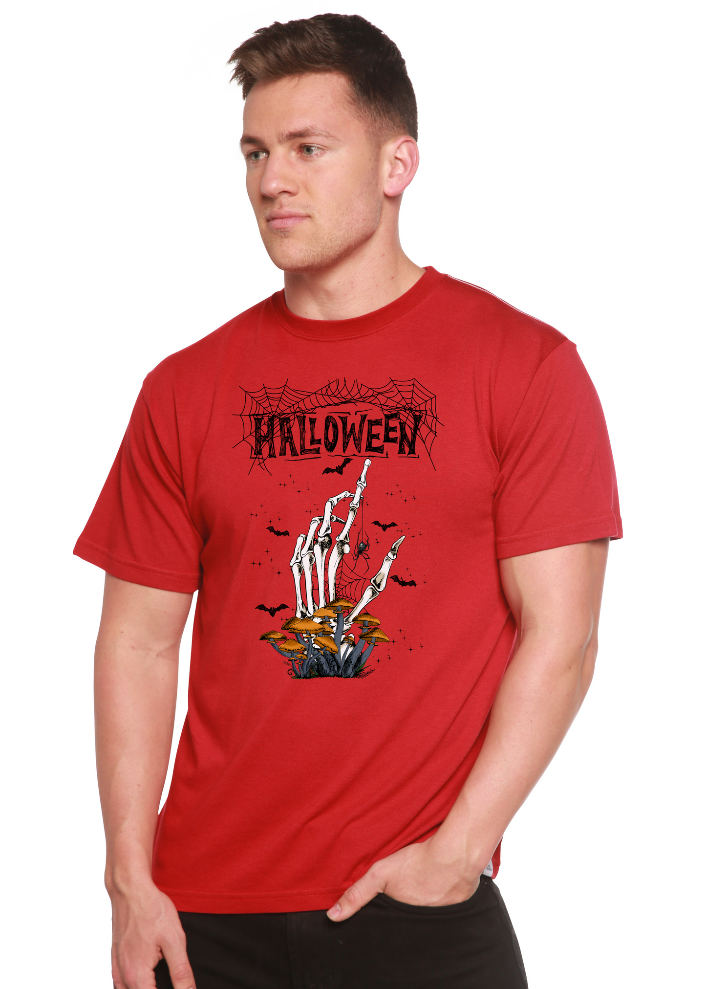 Red Halloween graphic T-shirt with skeleton hand emerging from mushrooms by Spun Bamboo on Tampa Home & Garden Store