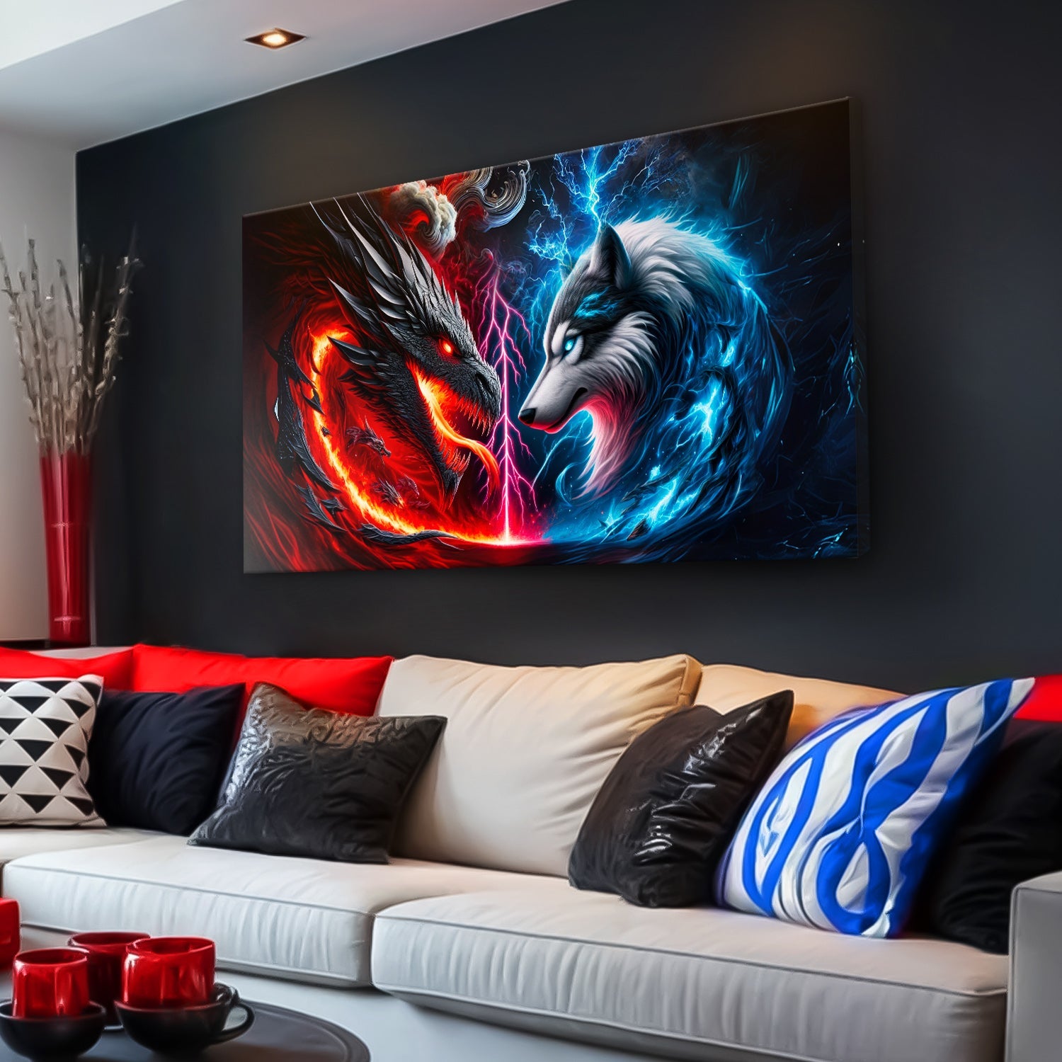 3D Dragon and Wolf Wall Art VI canvas fiery red dragon vs icy blue wolf on dark wall on Tampa Home & Garden Store