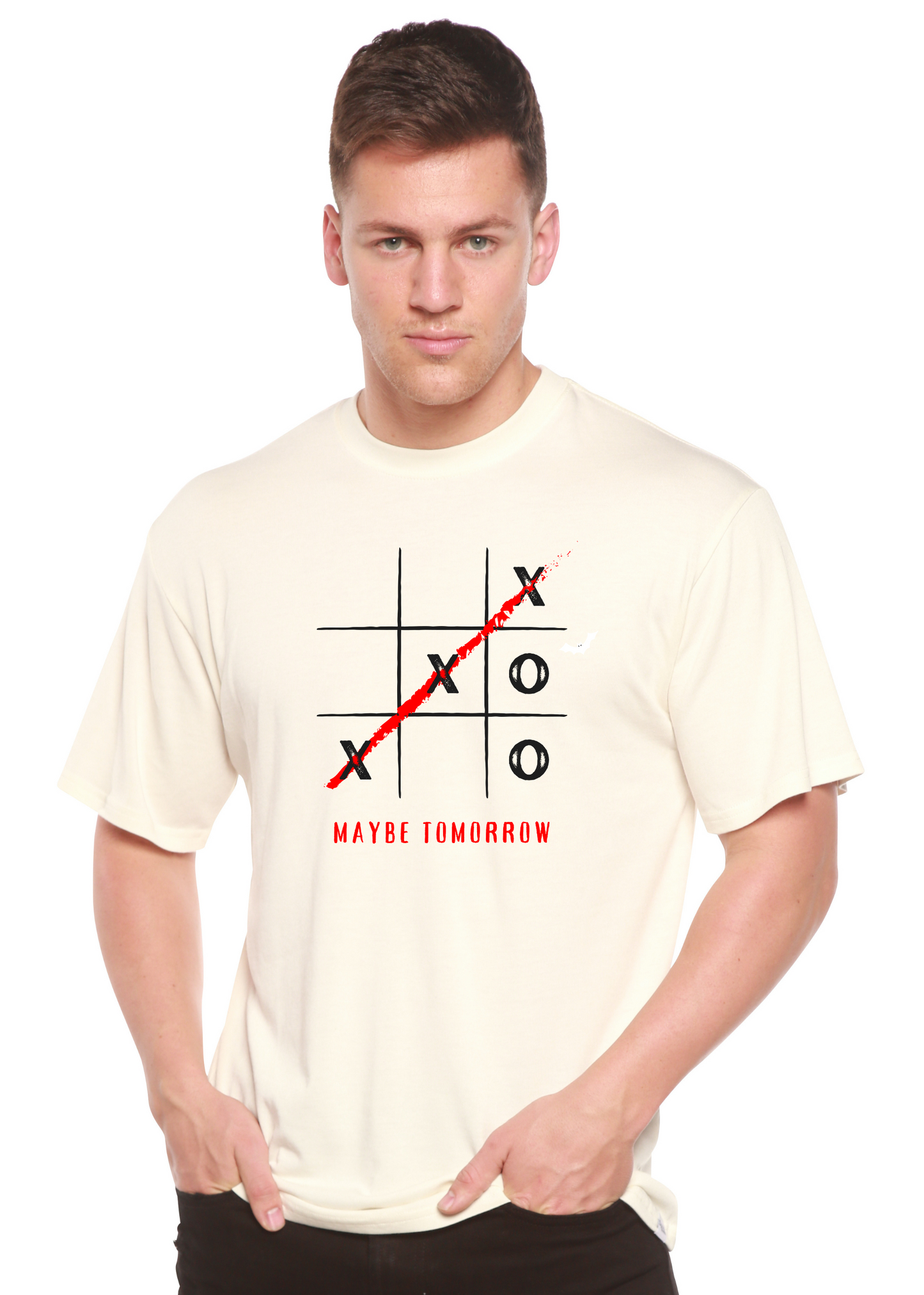 Maybe Tomorrow unisex bamboo cotton graphic tee with tic-tac-toe grid and red diagonal line on Tampa Home & Garden Store