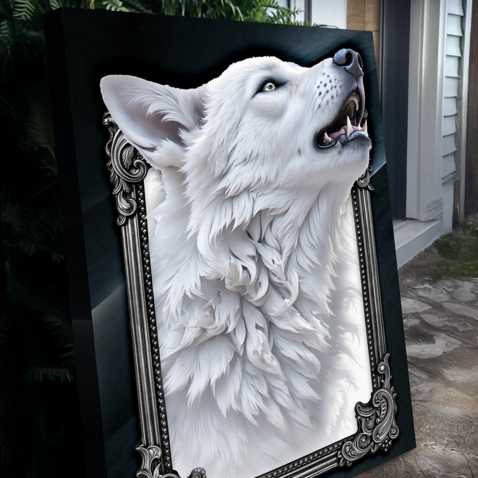 3D Wolf Wall Art III canvas by Tailored Canvases; white wolf portrait with ornate silver frame on black background on Tampa Home & Garden Store
