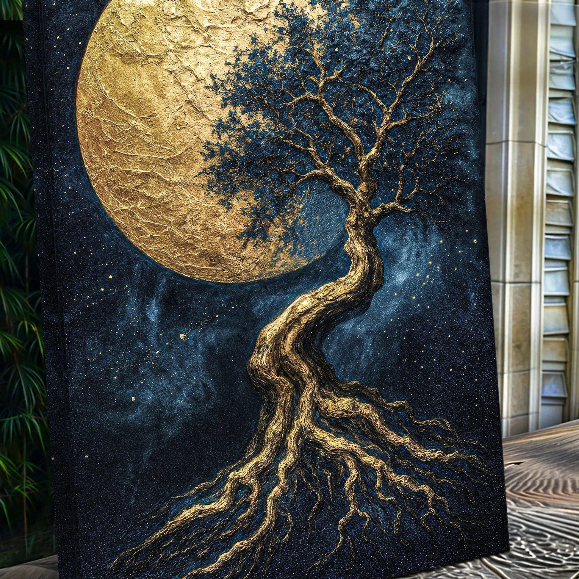 Lunar Tree of Life canvas wall art in gold on a deep blue starry backdrop by Tailored Canvases on Tampa Home & Garden Store