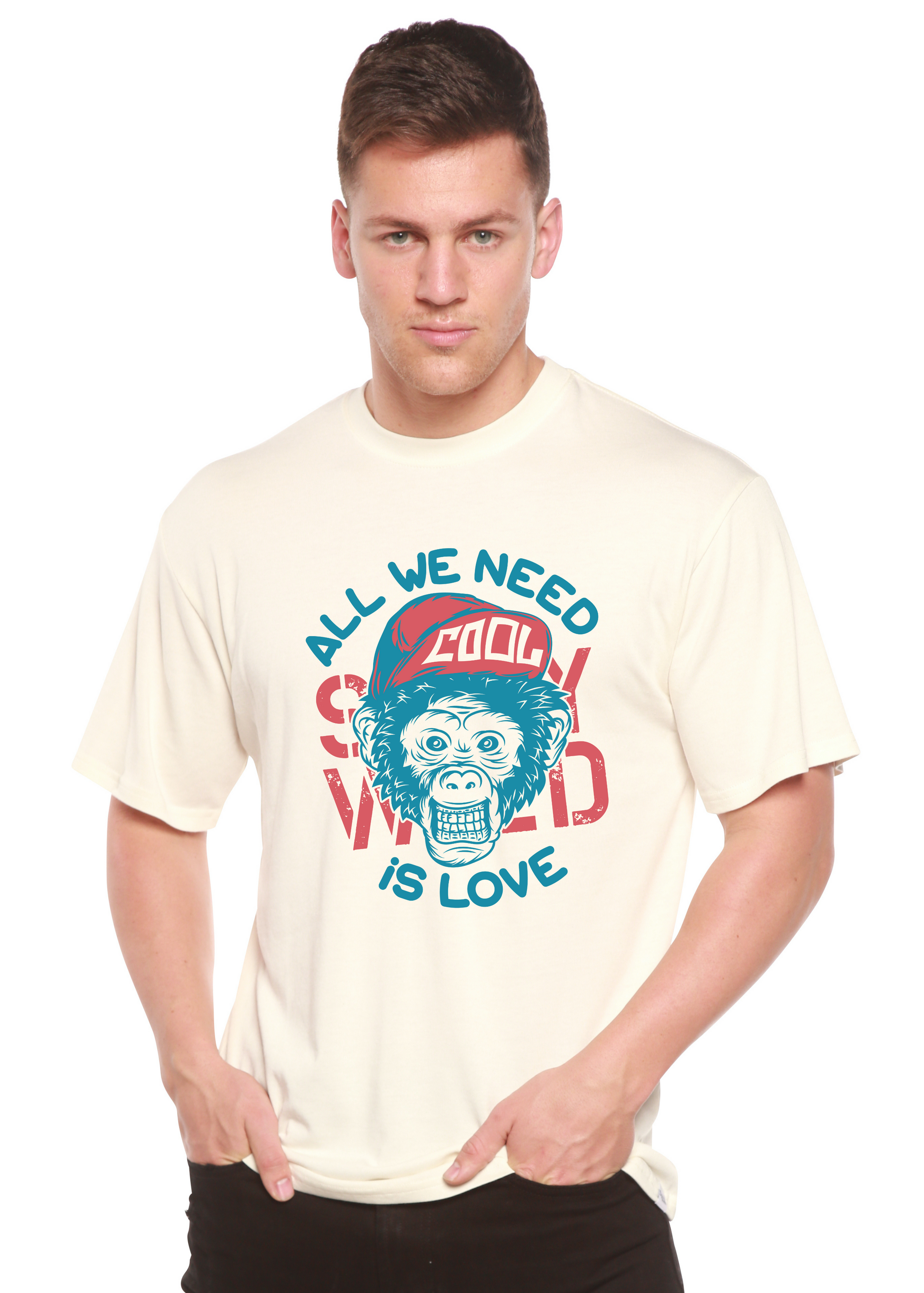 Men's bamboo T-shirt All We Need is Love in cream with teal monkey print by Spun Bamboo on Tampa Home & Garden Store