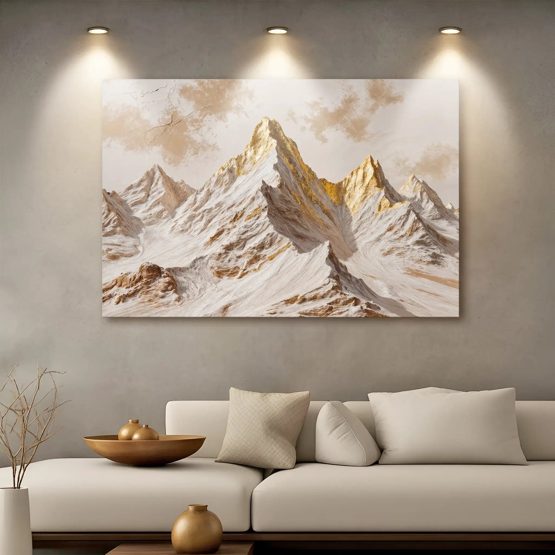 Golden Peaks Wall Art canvas by Tailored Canvases, snow-capped mountains with gold accents on Tampa Home & Garden Store