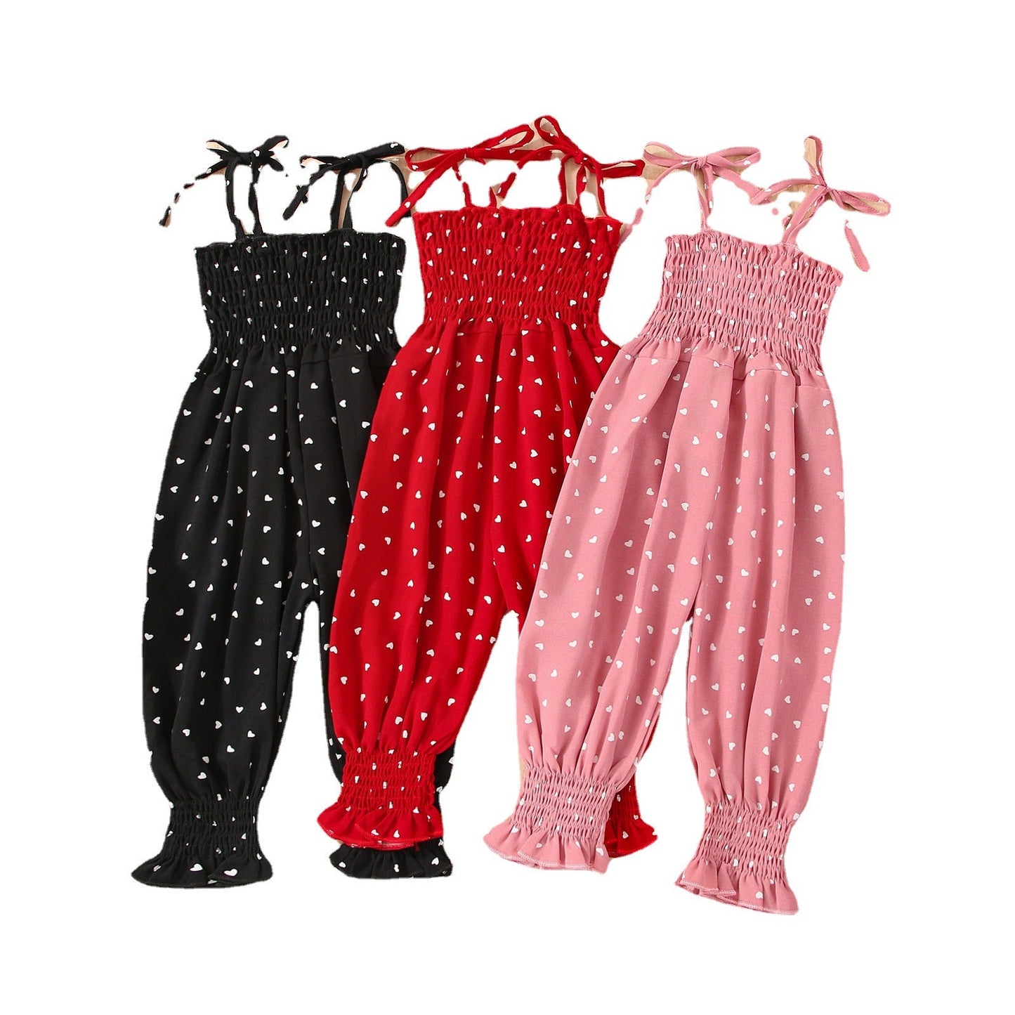 Stevvex baby sleeveless overalls set: 3 cotton rompers in black, red, pink with hearts on Tampa Home & Garden Store