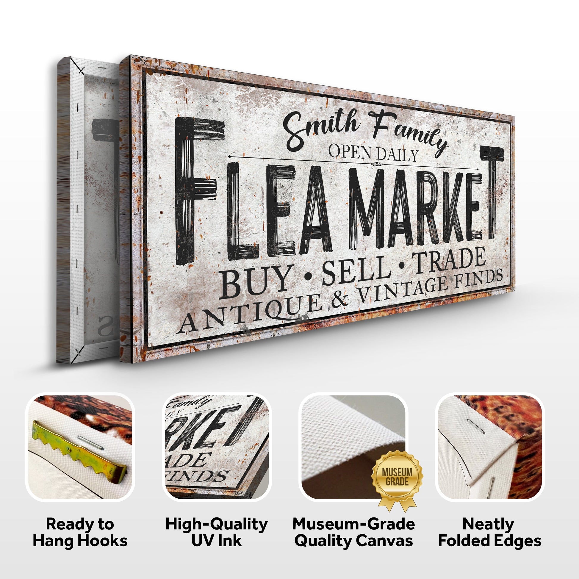 Canvas sign with vintage flea market look reads Family Flea Market and FLEA MARKET Tailored Canvases on Tampa Home & Garden Store