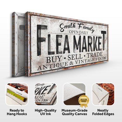 Canvas sign with vintage flea market look reads Family Flea Market and FLEA MARKET Tailored Canvases on Tampa Home & Garden Store
