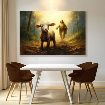 Canvas wall art Jesus Running After a Lost Lamb in a sunlit forest Tailored Canvases on Tampa Home & Garden Store