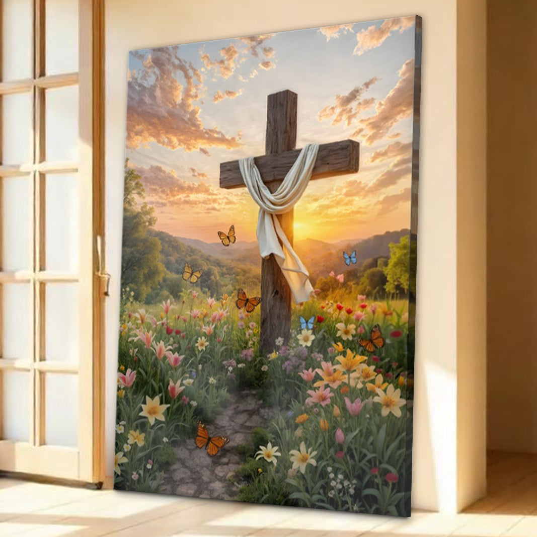 Cross and Flowers Faith Wall Art canvas by Tailored Canvases; cross with scarf amid blooms on Tampa Home & Garden Store
