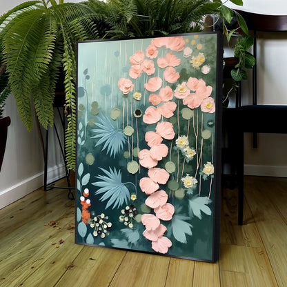 Secret Garden Wall Art II framed canvas by Tailored Canvases, teal background with pink blossoms on Tampa Home & Garden Store