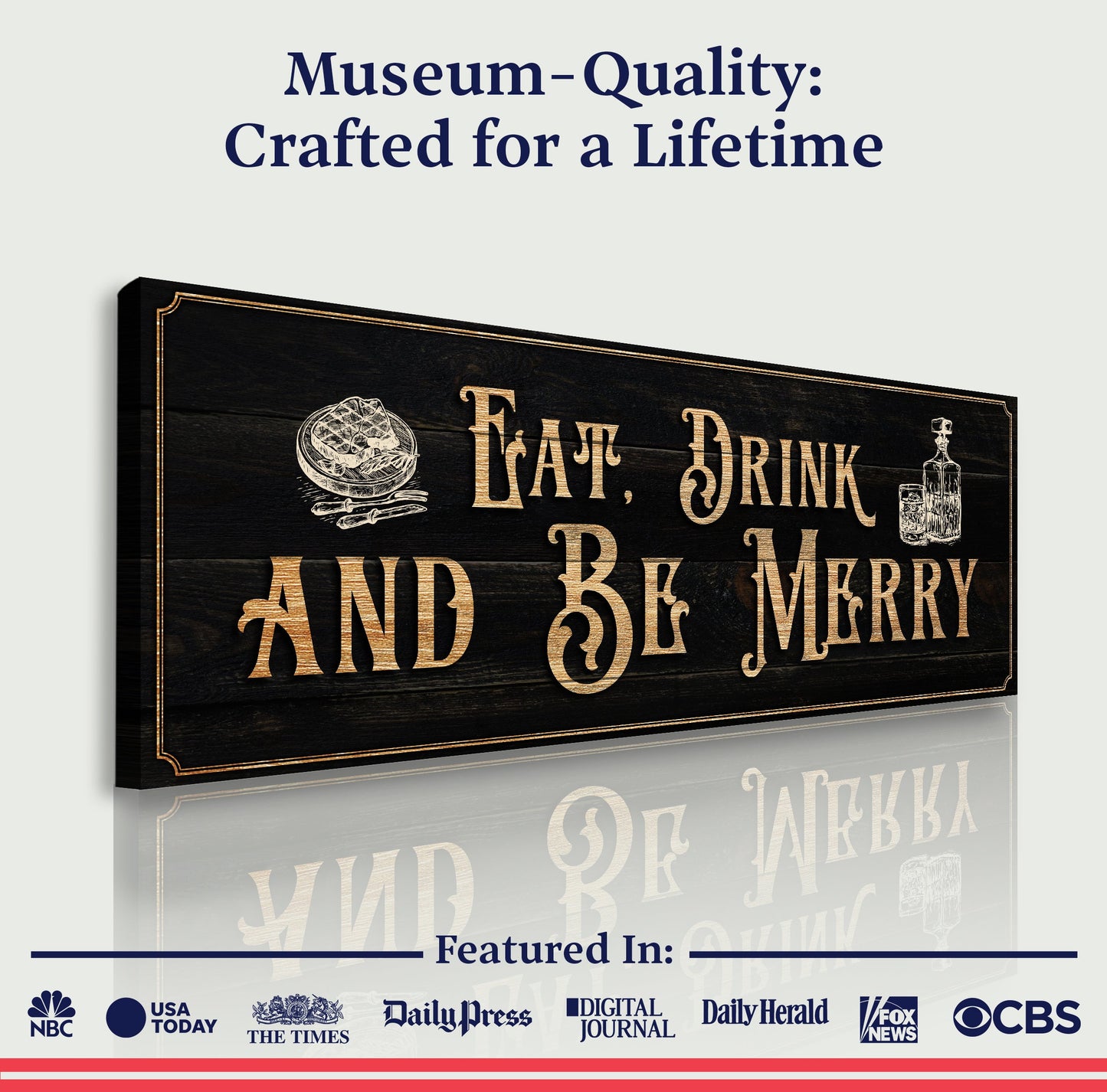 Eat, Drink And Be Merry canvas by Tailored Canvases, dark wood panel with gold typography on Tampa Home & Garden Store