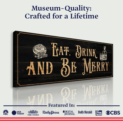 Eat, Drink And Be Merry canvas by Tailored Canvases, dark wood panel with gold typography on Tampa Home & Garden Store