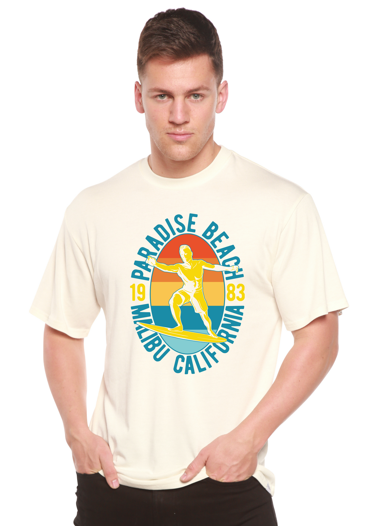 Paradise Beach 1983 men's bamboo viscose tee with cream base and retro surf circle graphic on Tampa Home & Garden Store