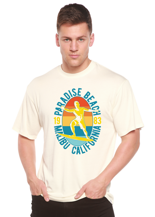 Paradise Beach 1983 men's bamboo viscose tee with cream base and retro surf circle graphic on Tampa Home & Garden Store
