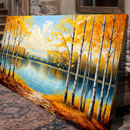 Autumn Whispers Canvas wall art by Tailored Canvases birch trees with golden leaves on Tampa Home & Garden Store