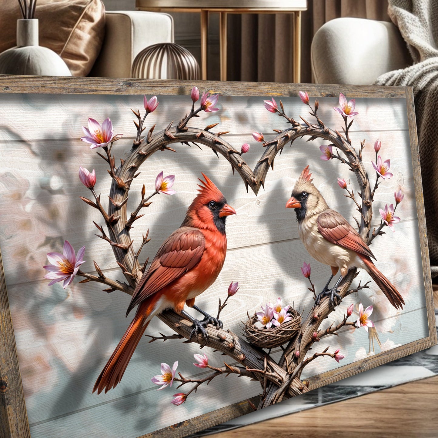 3D Cardinals Wall Art canvas by Tailored Canvases with two red cardinals on a vine heart on Tampa Home & Garden Store