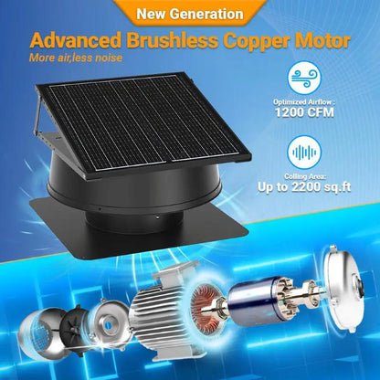42W Langy Solar Lights Attic Fan with remote and power adapter, black housing and solar panel on Tampa Home & Garden Store