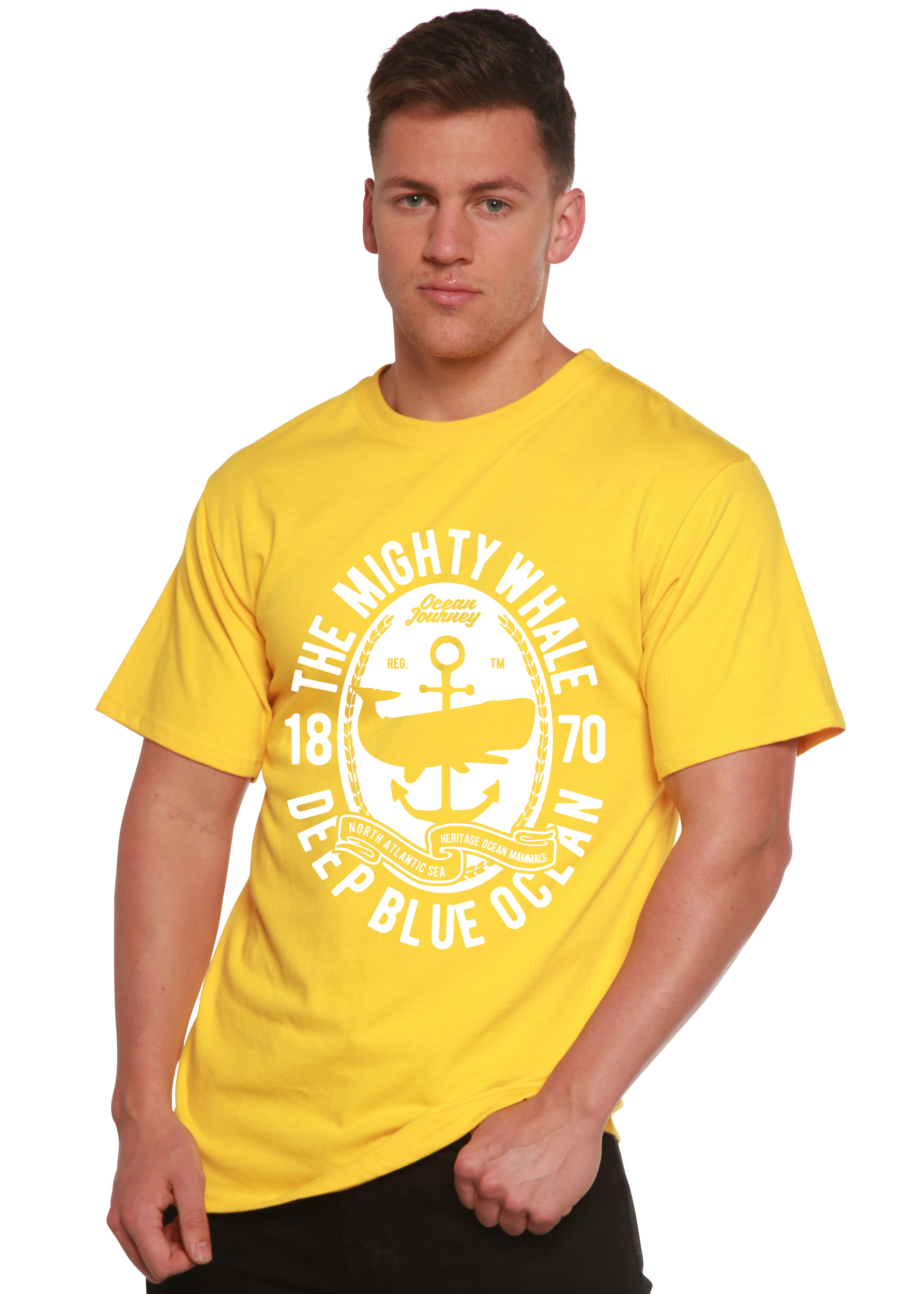 The Mighty Spun Bamboo yellow T-shirt with white circular nautical emblem on Tampa Home & Garden Store