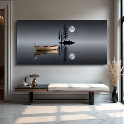 Modern Minimalist Night Lake Canvas wall art Tailored Canvases, moonlit scene with boat on Tampa Home & Garden Store