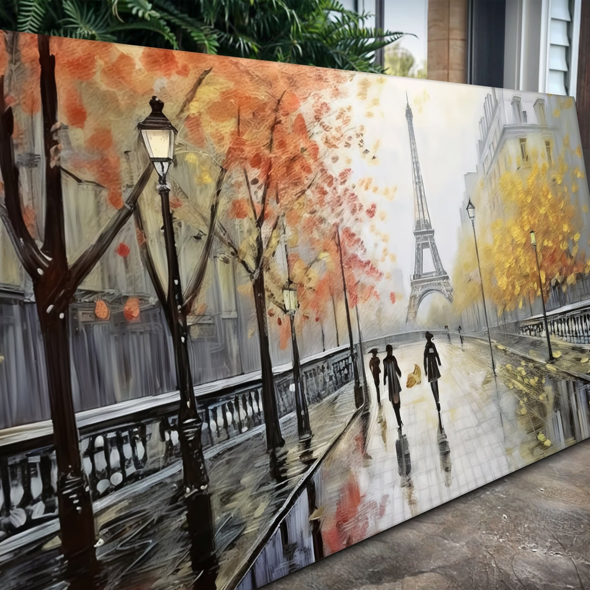 Parisian Rain Cityscape Canvas Wall Art by Tailored Canvases with autumn leaves and lamp posts on Tampa Home & Garden Store