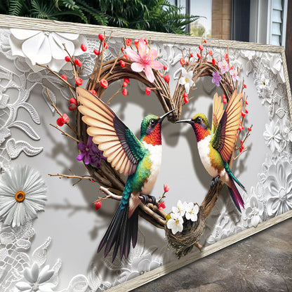 3D Hummingbirds Wall Art, two hummingbirds on a wreath with pink flowers Tailored Canvases on Tampa Home & Garden Store