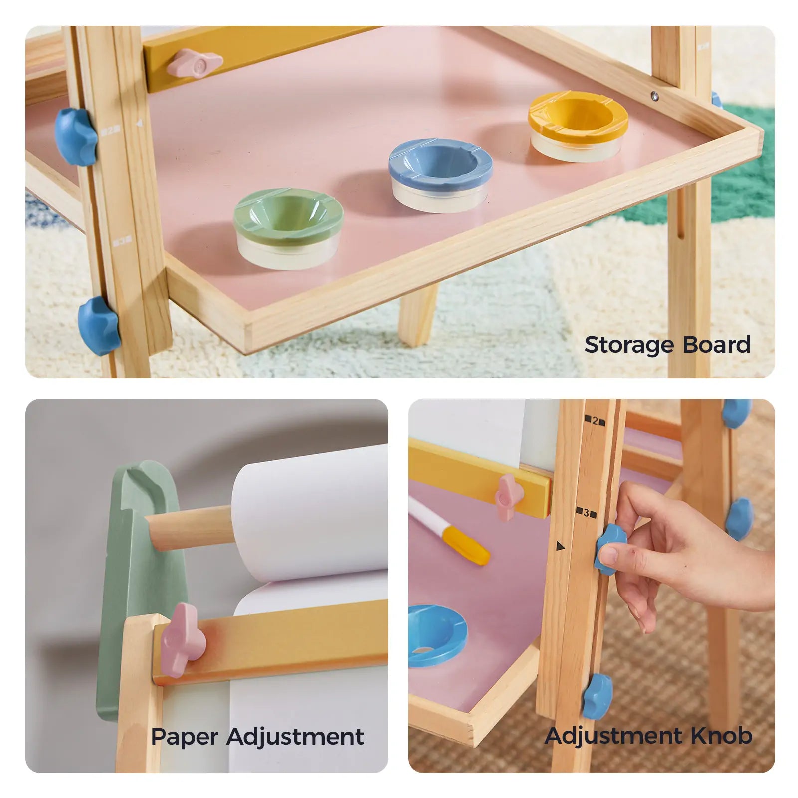 Tiny Land 3-in-1 Kids Easel with natural wood frame, pink work surface and pastel knobs on Tampa Home & Garden Store