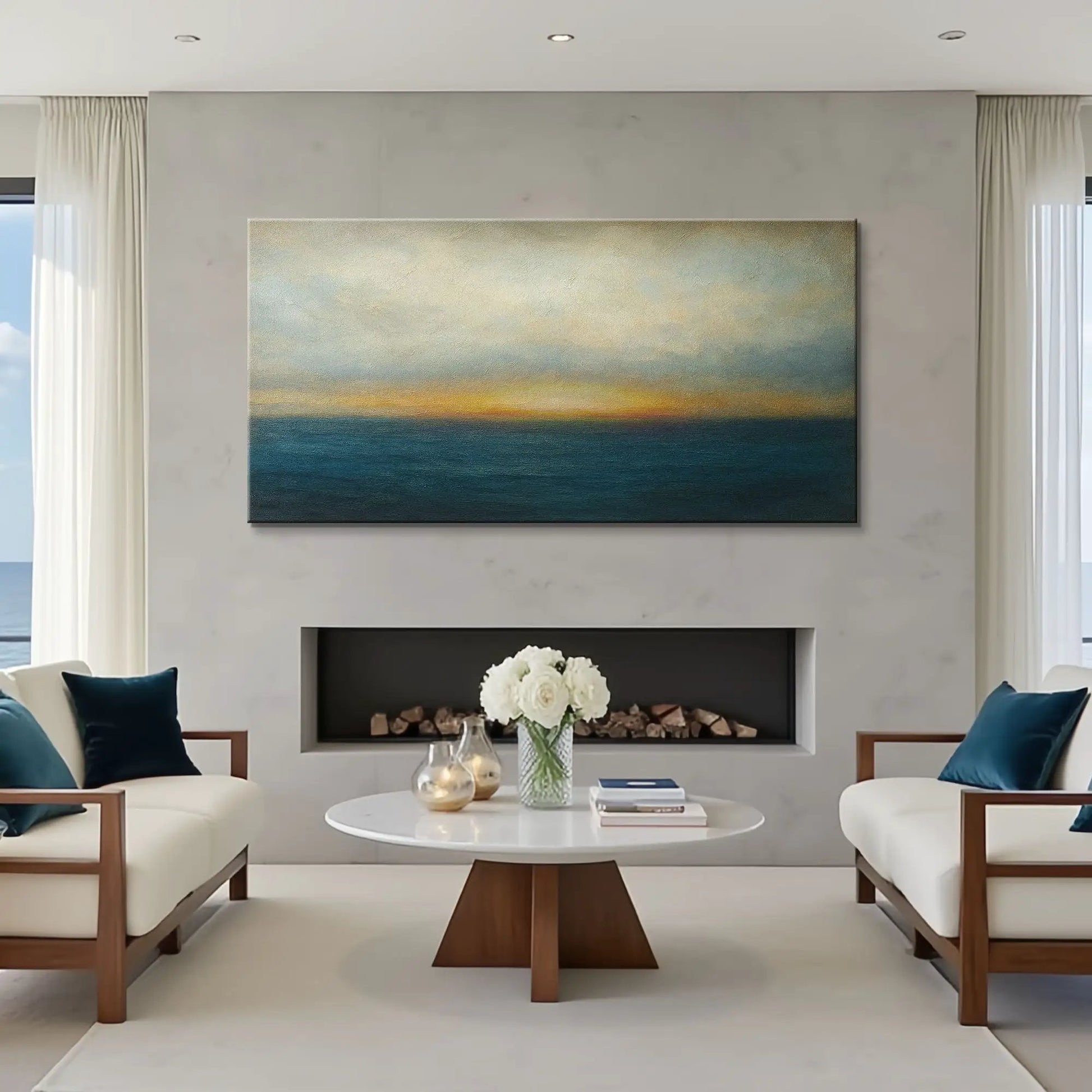 Waterscape Abstract Wall Art V canvas by Tailored Canvases in blue-teal with sunset gold on Tampa Home & Garden Store